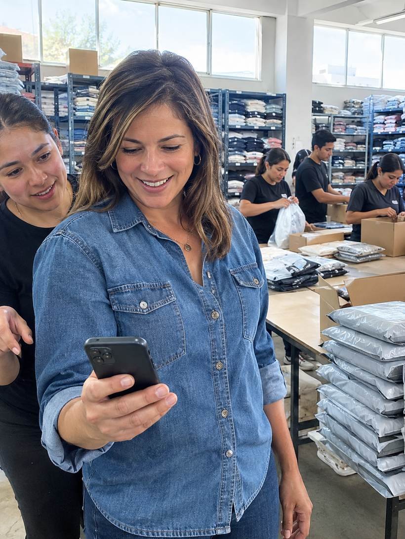 Dueña de una marca de ropa sonriendo al celular mientras su equipo empaca pedidos
