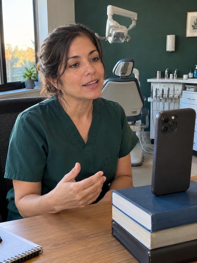 Odontóloga grabando un video con su celular en su consultorio