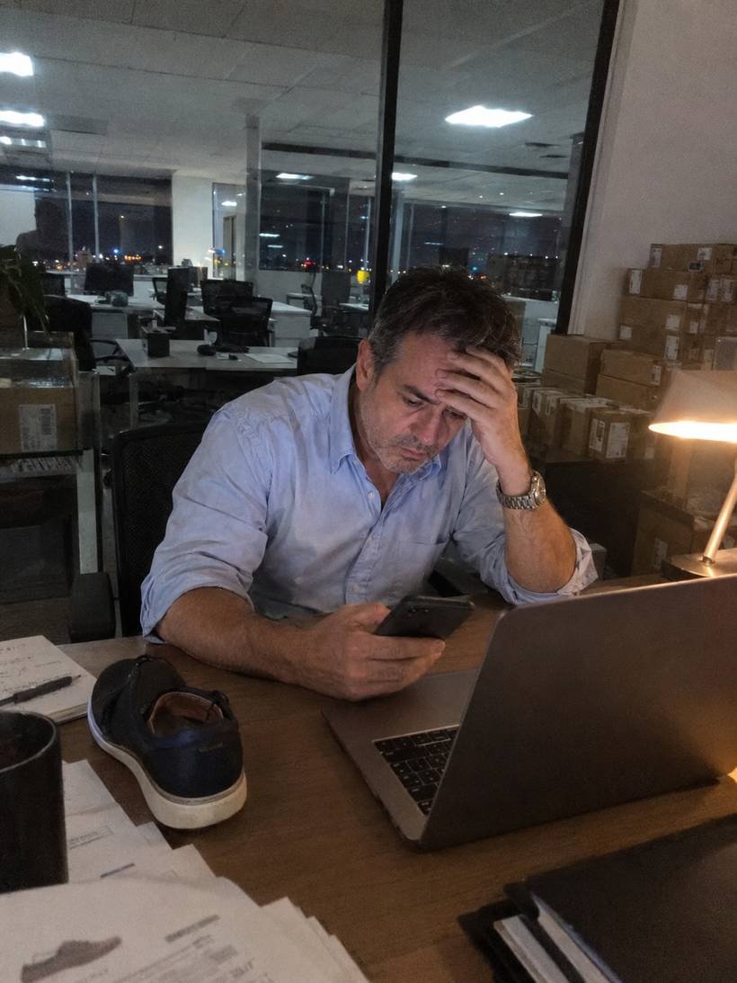 Dueño de una empresa revisando su celular de noche en su oficina